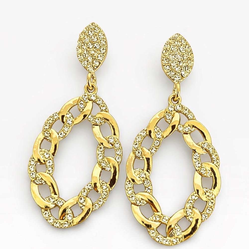 Tuckernuck Gold Crystal Pavé Chain Link Drop Earrings – 2.5” Statement Dangles
